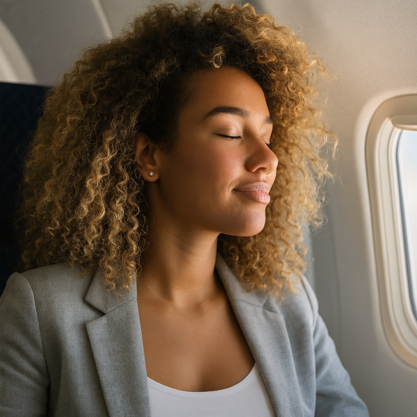 女性旅客在飛機上配戴 Crescendo 降噪耳塞，舒適入睡減少艙內噪音疲勞